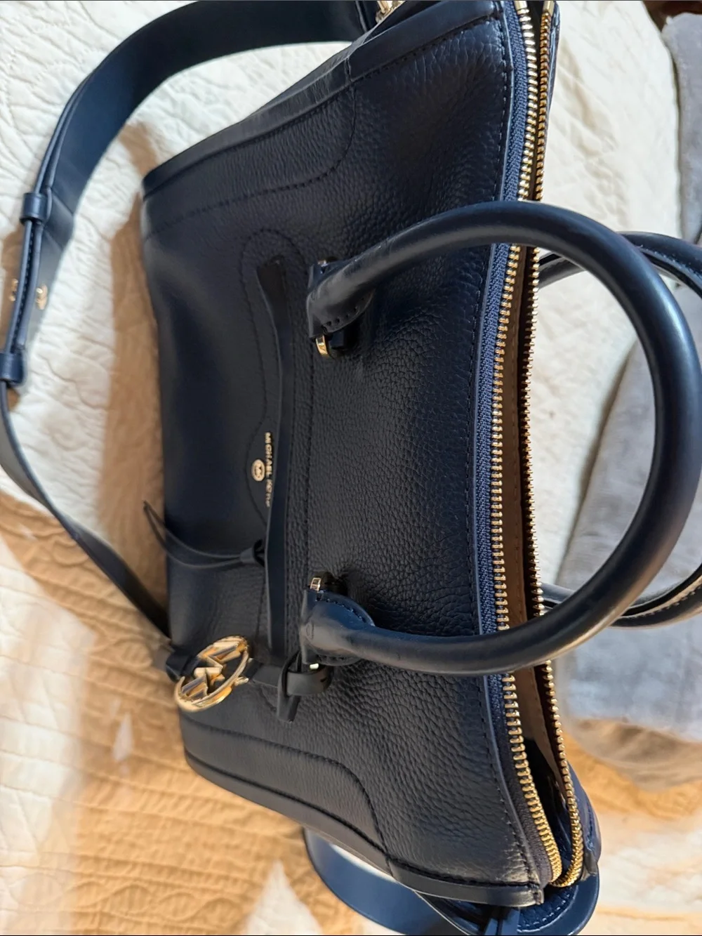 Michael Kors Navy Pebbled Leather Satchel with Gold Hardware W/ Shoulder Strap.